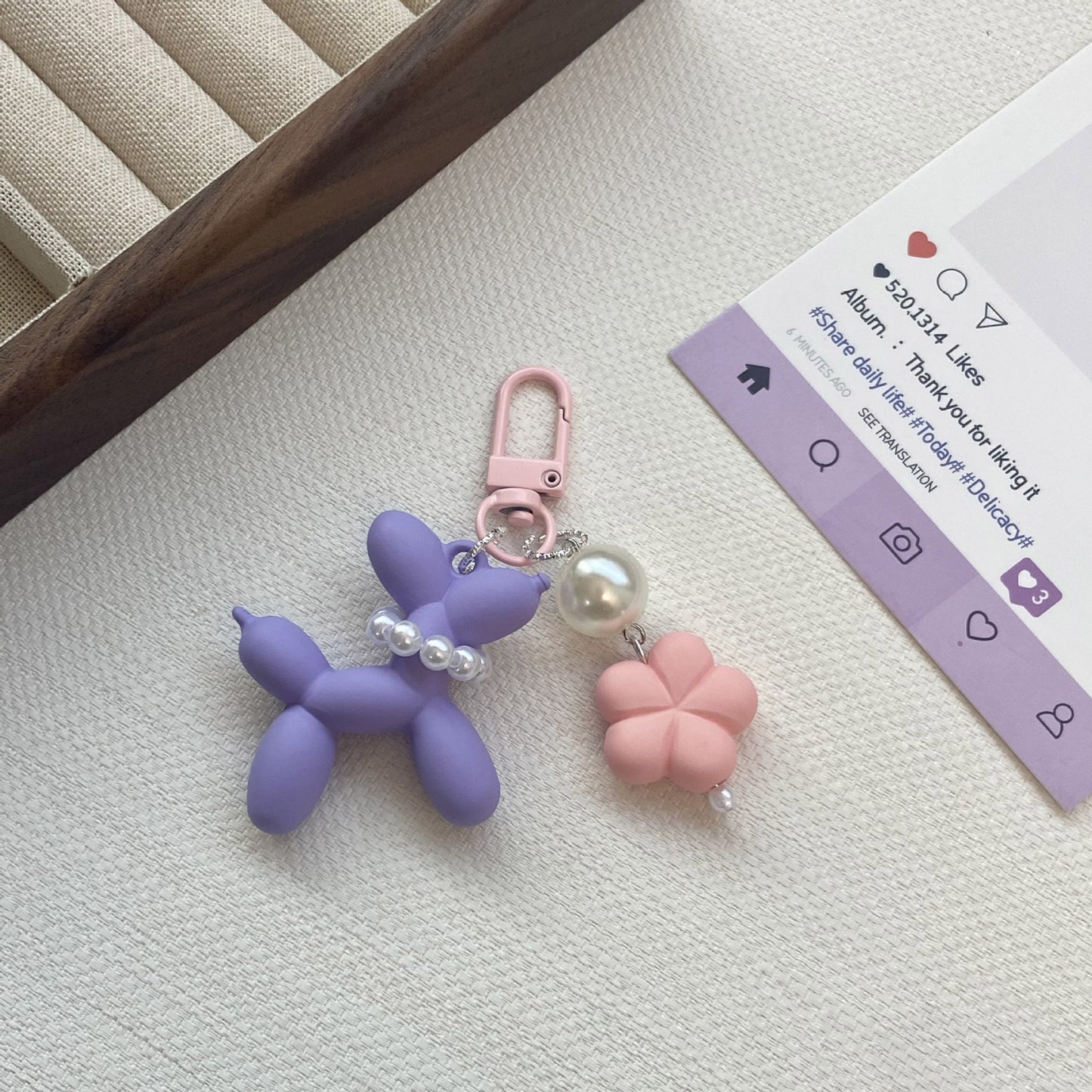 Pearl Balloon Dog Flower Keychain