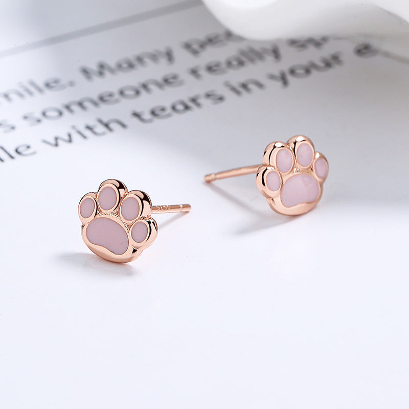 Women's 925 Sterling Silver Sweet Pink Cat's Paw Thread Stud Earrings
