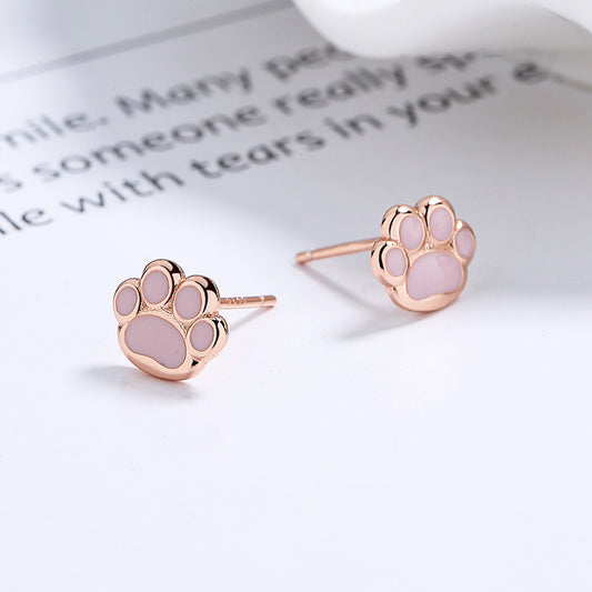 Women's 925 Sterling Silver Sweet Pink Cat's Paw Thread Stud Earrings