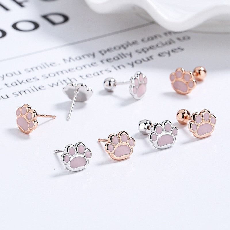 Women's 925 Sterling Silver Sweet Pink Cat's Paw Thread Stud Earrings