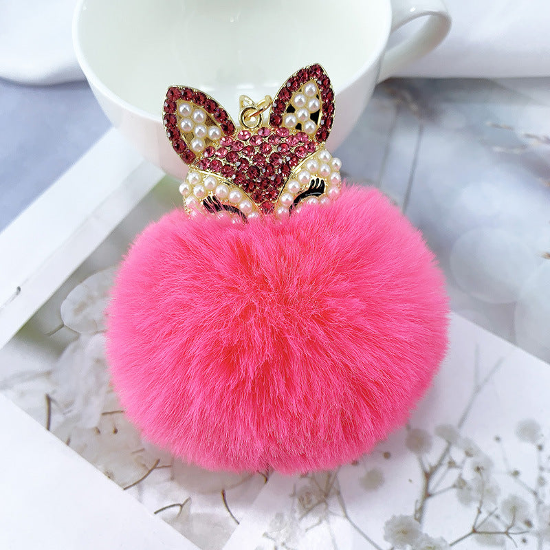 Alloy Pearl Rhinestone Fox Fur Ball Keychain Pendant