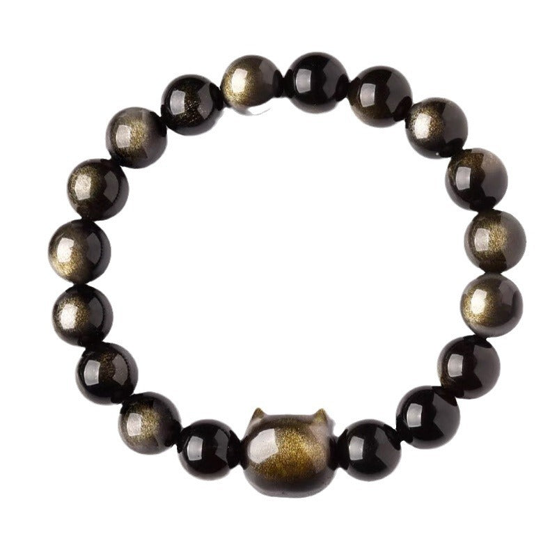 Obsidian Cat Natural Gold And Silver Stone Cat Head Bracelet