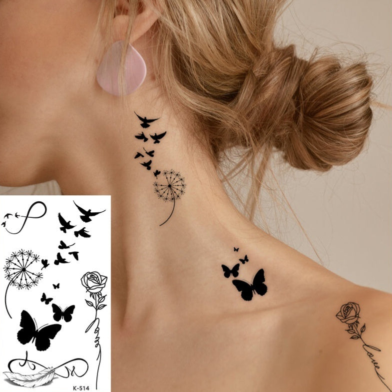 English Letter Flower Butterfly Sketch Line Waterproof Tattoo Sticker