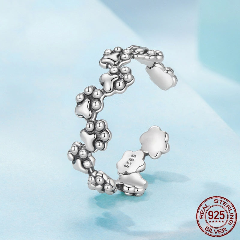 Vintage Pet Cat Paw Print Open S925 Sterling Silver Ring
