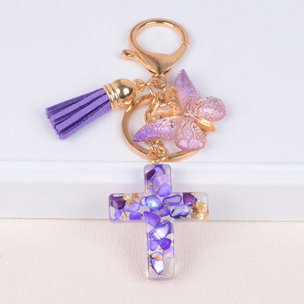 Tassel Butterfly Stone Cross Keychain