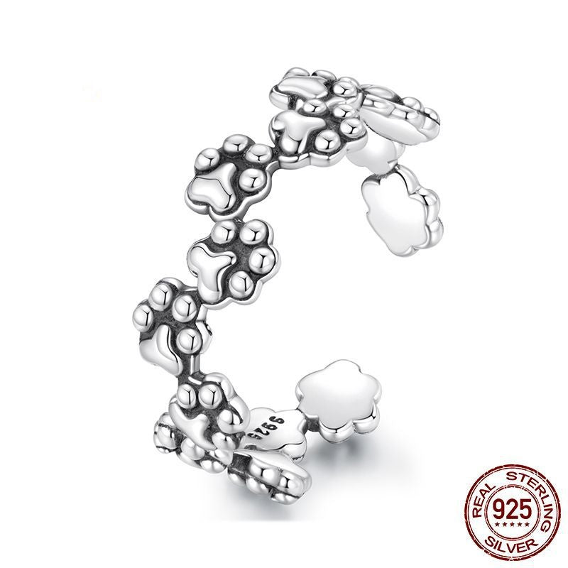 Vintage Pet Cat Paw Print Open S925 Sterling Silver Ring