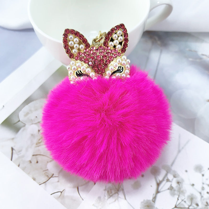 Alloy Pearl Rhinestone Fox Fur Ball Keychain Pendant
