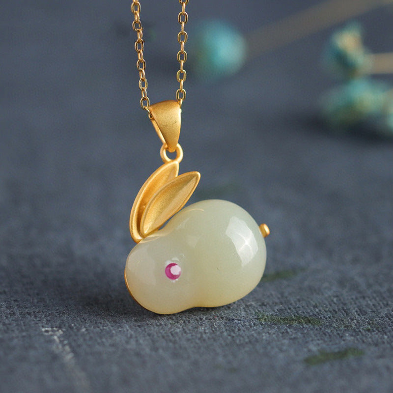 Imitation Natural Hetian Jade Ring Rabbit Earring Pendant