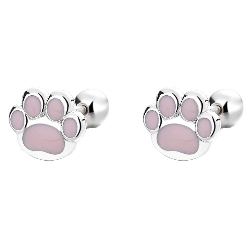 Women's 925 Sterling Silver Sweet Pink Cat's Paw Thread Stud Earrings