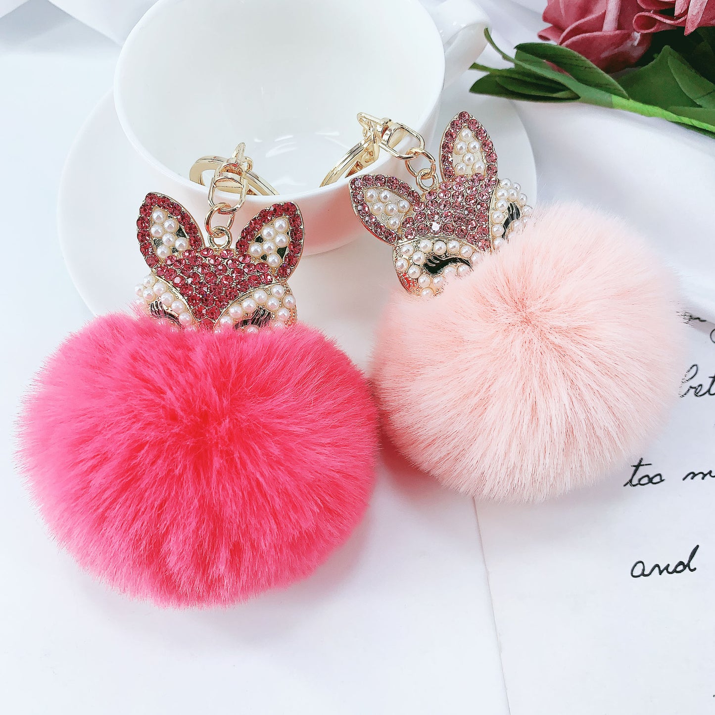 Alloy Pearl Rhinestone Fox Fur Ball Keychain Pendant