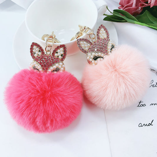 Alloy Pearl Rhinestone Fox Fur Ball Keychain Pendant