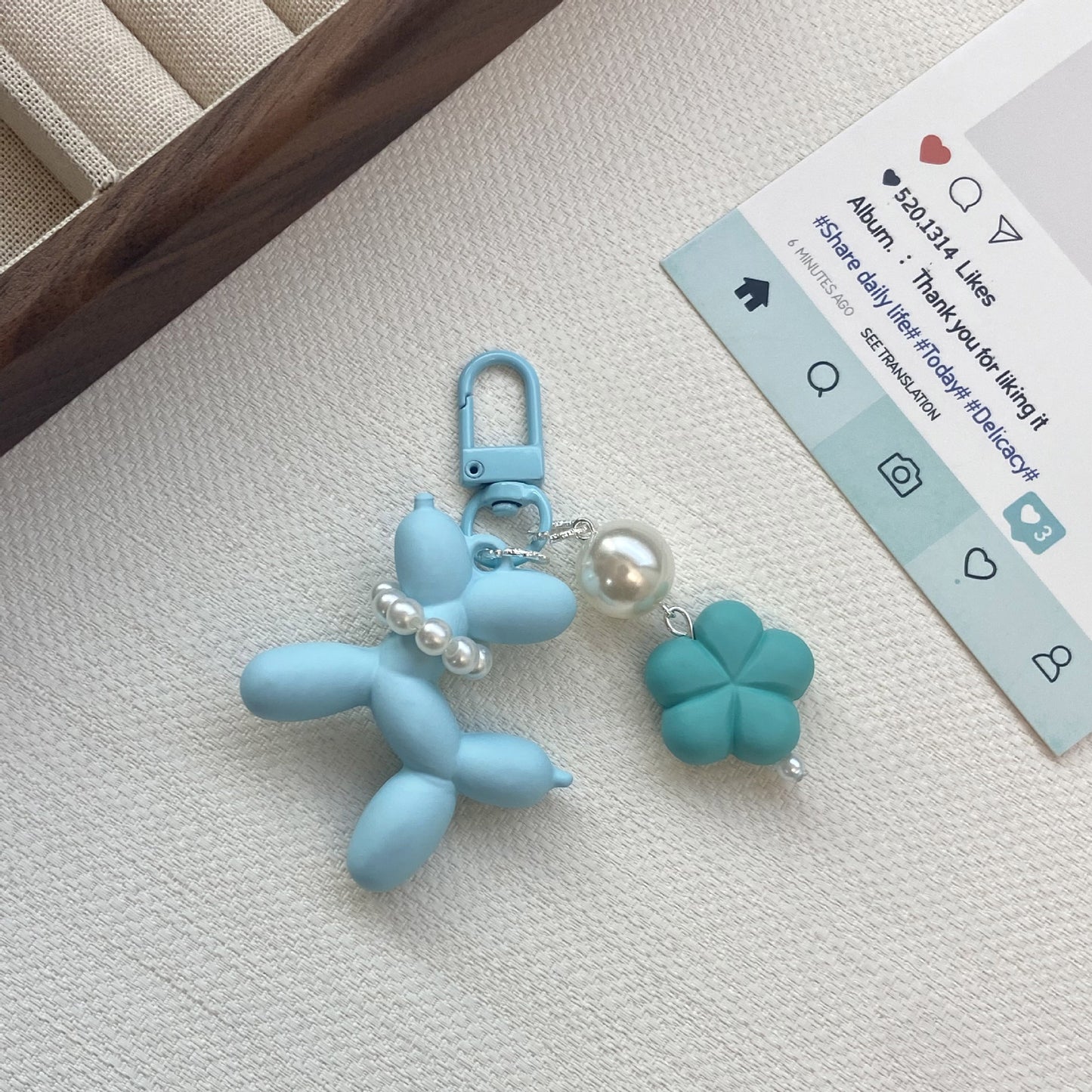 Pearl Balloon Dog Flower Keychain