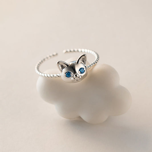 Black Animal Cat Blue Diamond Twist Wreath Ring