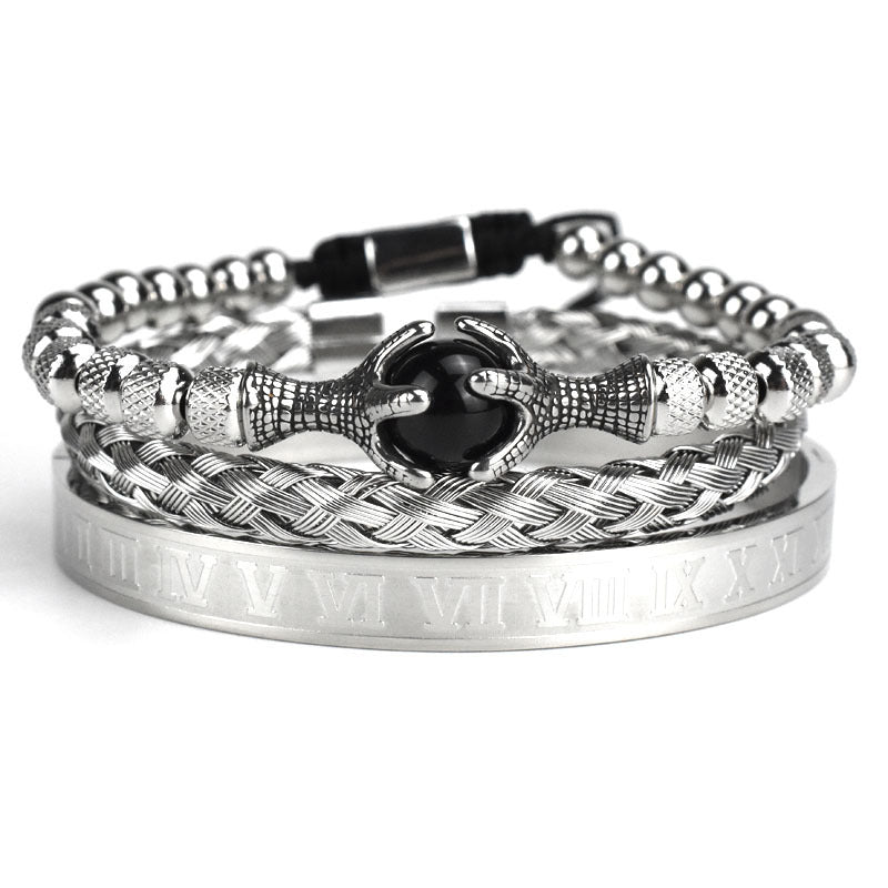 Retro Hollow Eagle Claw Tiger-shaped Stone Roman Letter Woven Stainless Steel Wire Mesh Bracelet Set