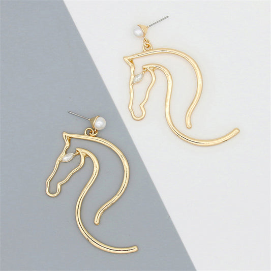 Pearl Ear Jewelry Alloy Horse Head Animal Big Earrings