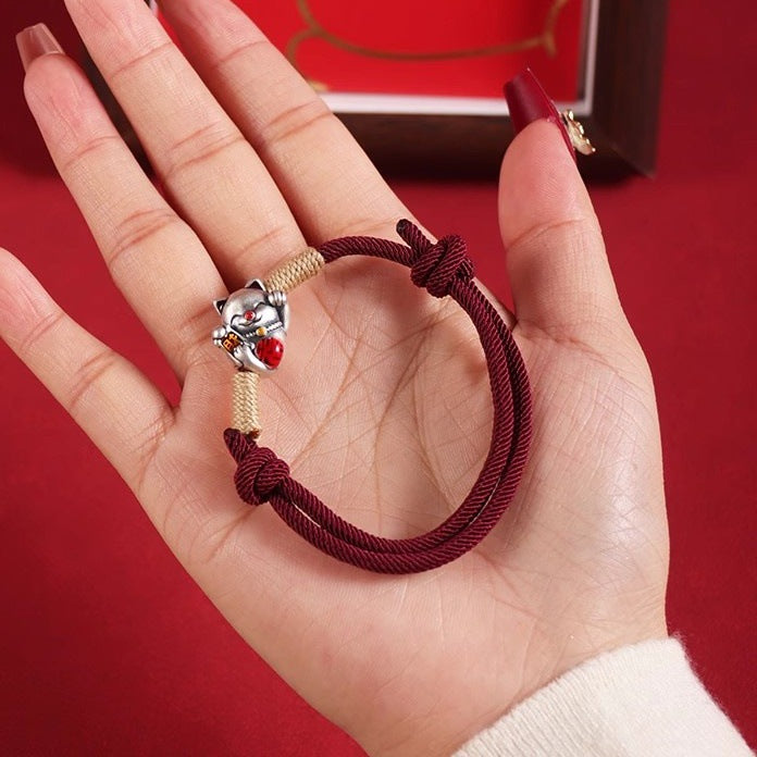Hand-woven Lucky Cat Fu Character Tibetan Red Rope Bracelet For Women