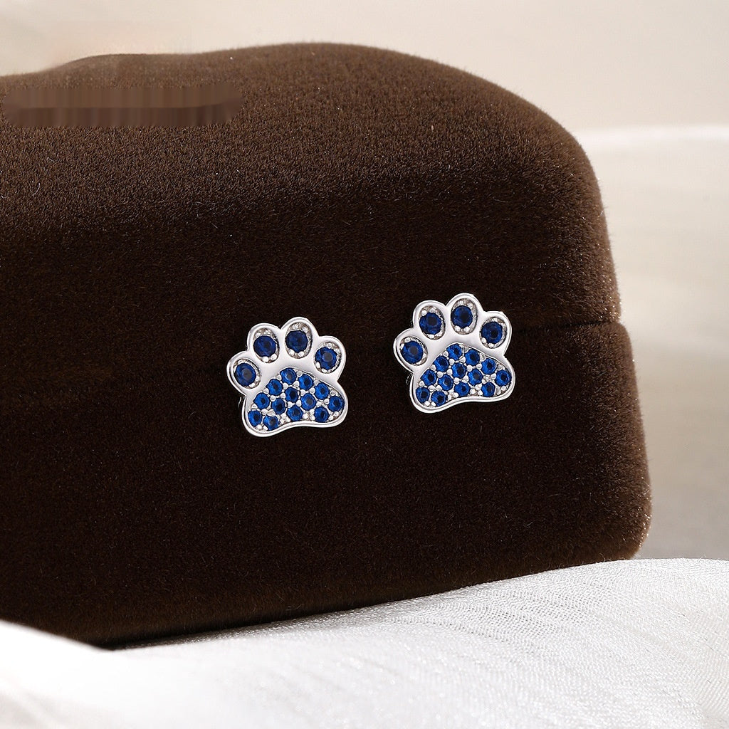 New Simple S925 Silver Blue Diamond Cat's Paw Stud Earrings