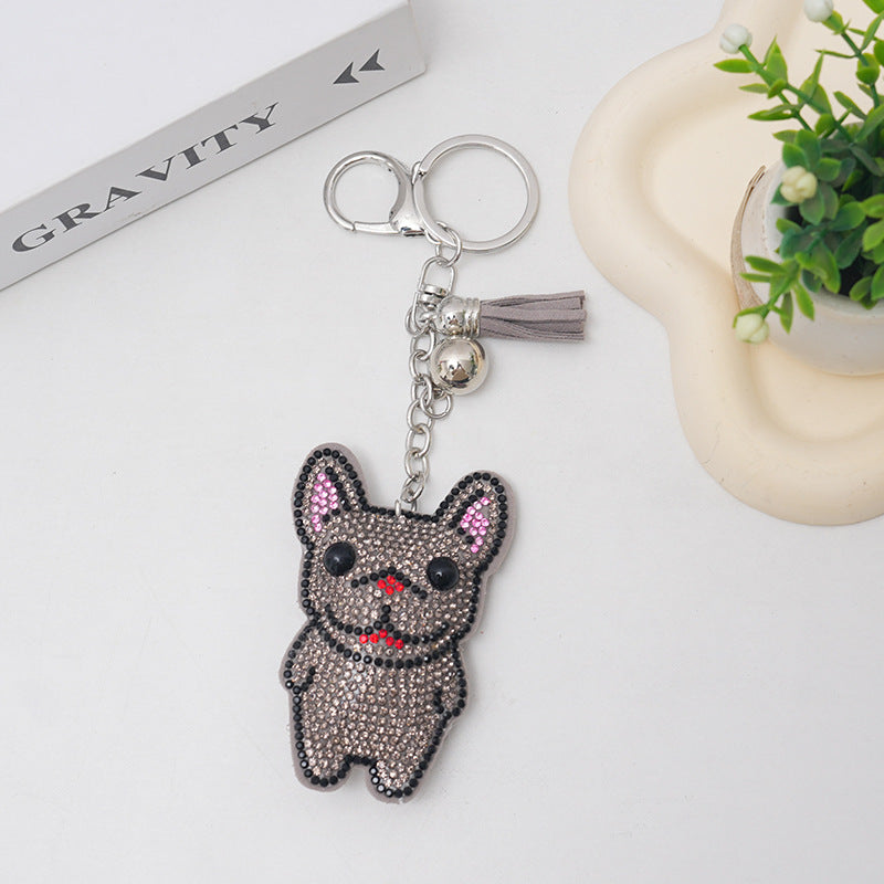 French Dog Rhinestone Keychain Fashion Diamond Bag Tassel Pendant