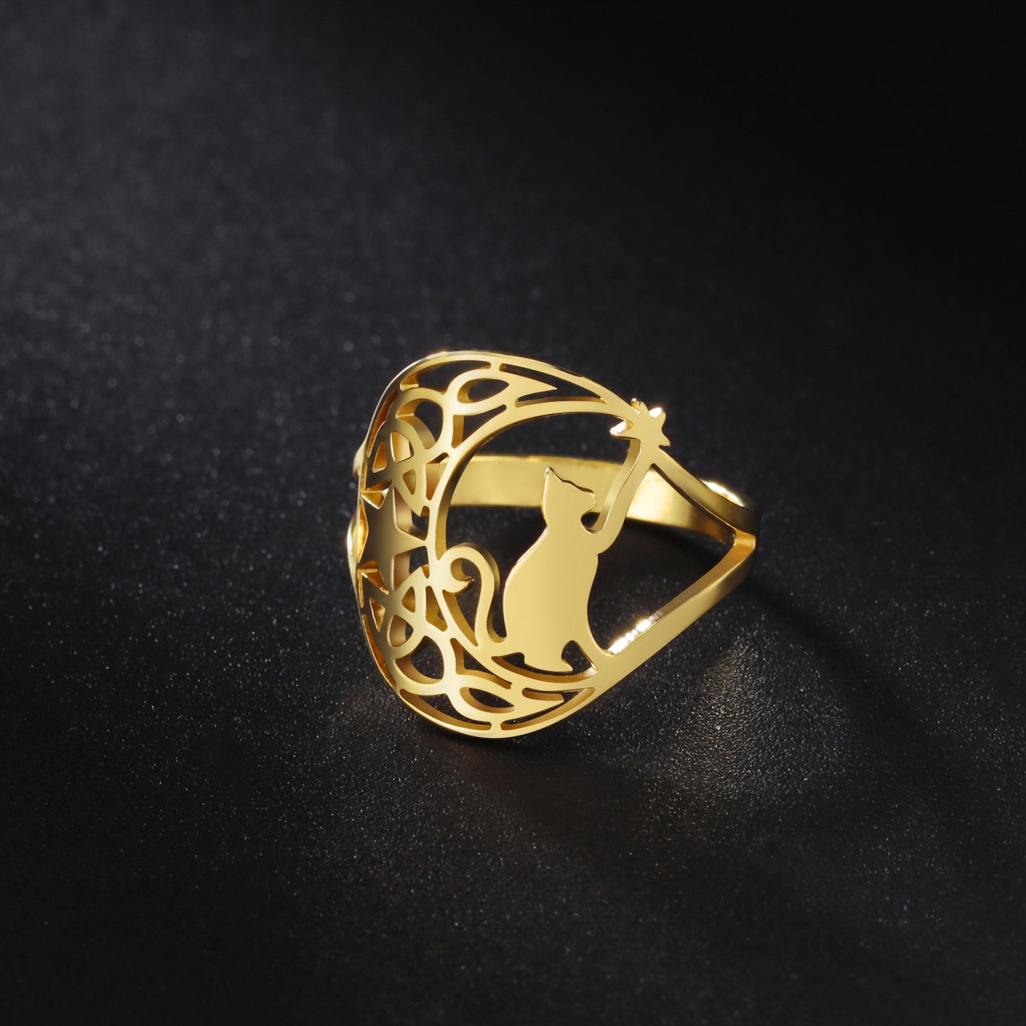 Cute Kitten Star Ring Women's Fashion Animal Stainless Steel Jewelry Knot Ring