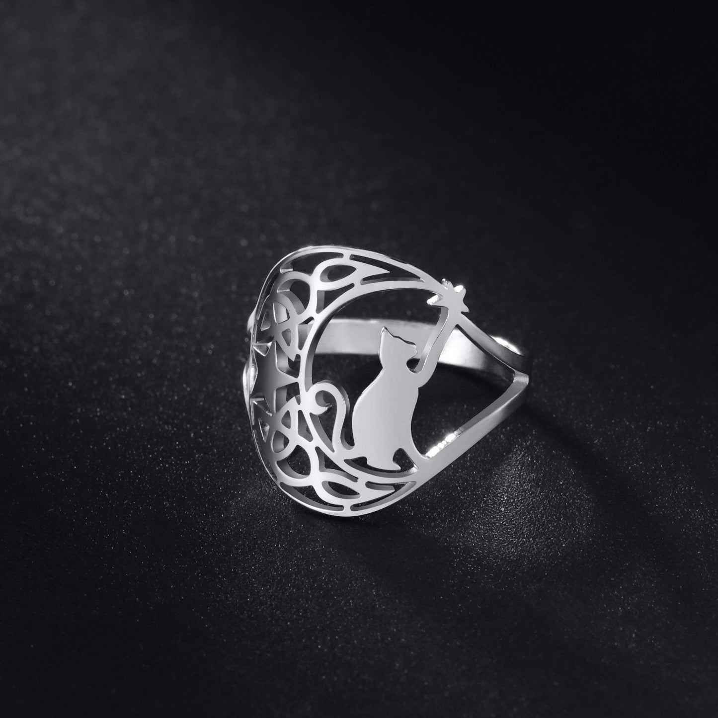 Cute Kitten Star Ring Women's Fashion Animal Stainless Steel Jewelry Knot Ring