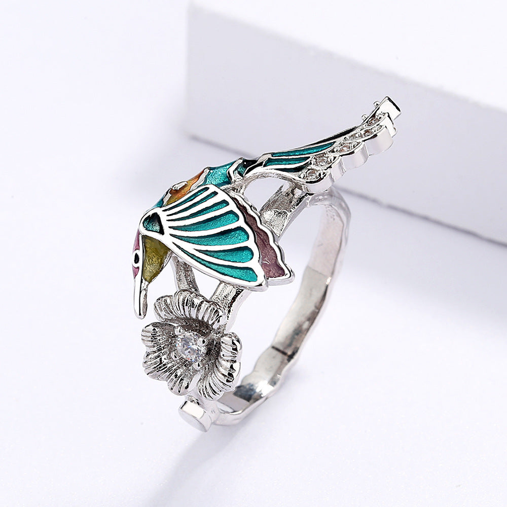 Hummingbird Epoxy Colorful Animal Bird Pastoral Style Female Ring Jewelry