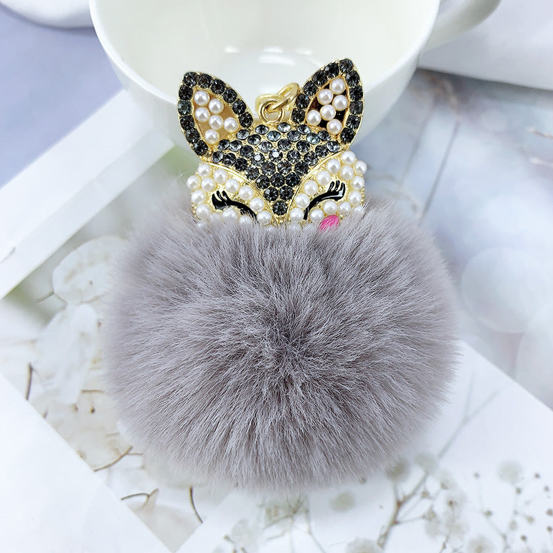 Alloy Pearl Rhinestone Fox Fur Ball Keychain Pendant