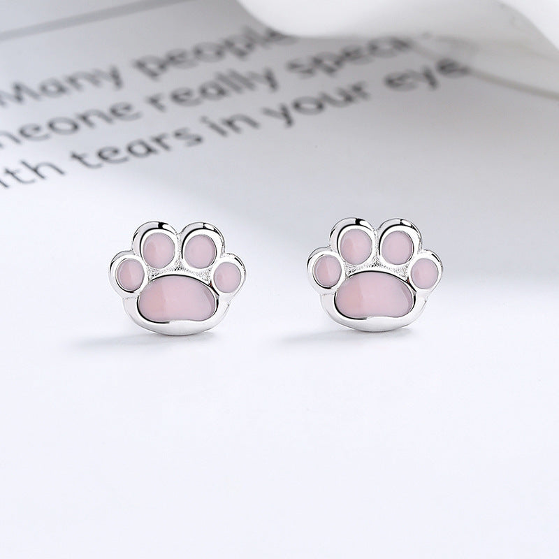 Women's 925 Sterling Silver Sweet Pink Cat's Paw Thread Stud Earrings